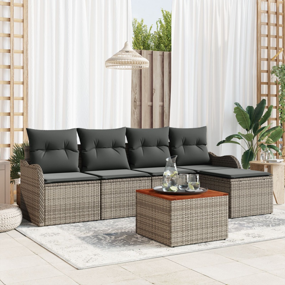 Set de Sofa de Grădină cu Pernițe Gri Ratan Polimeric Acacia, Sofa de Grădină cu Pernițe pentru 2 Persoane Gri Ratan Polimeric - 2 | YEO