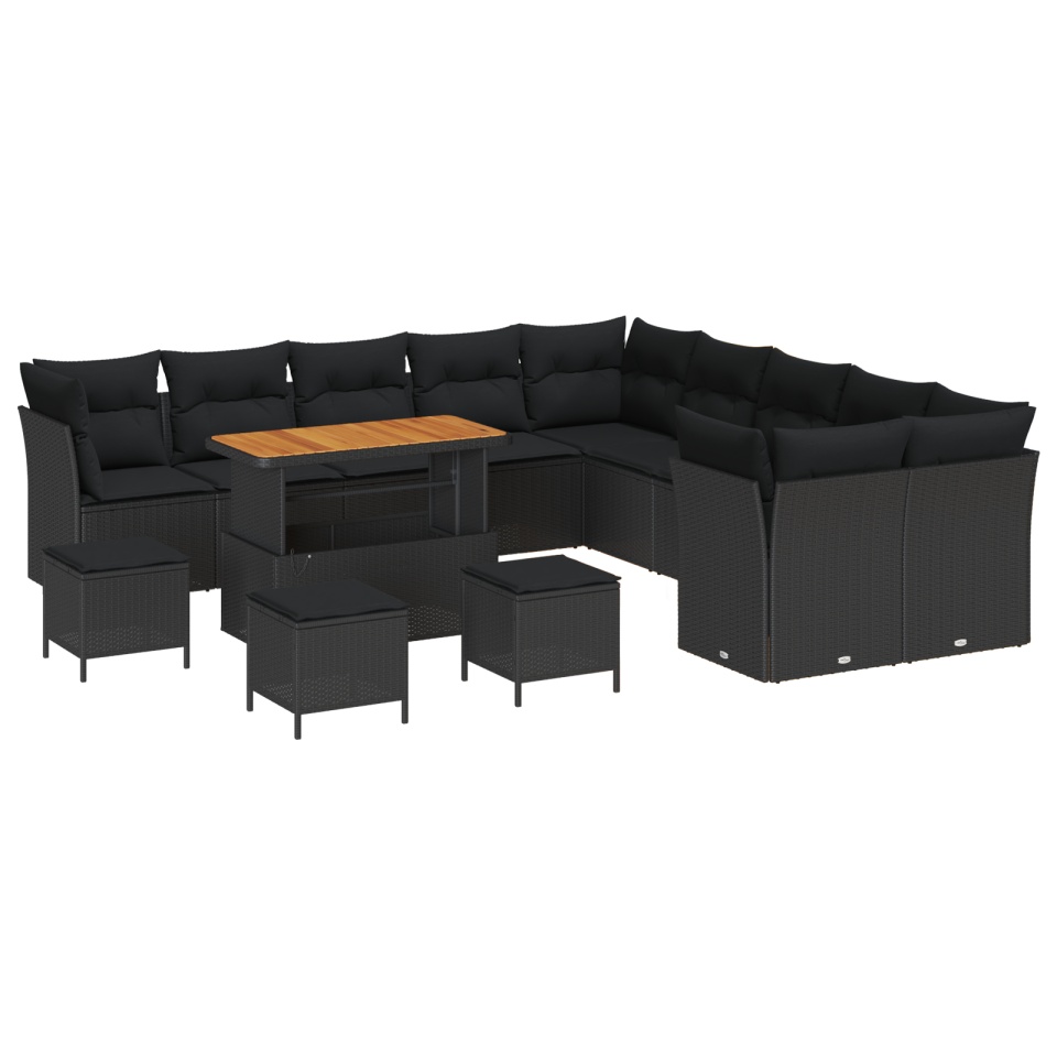 Set de Sofa pentru Grădină de 14 Piese cu Perne Negru Poliratan Acacia, Set de Cină pentru Grădină de 4 Piese cu Perne Negru Poliratan Acacia - 1 | YEO