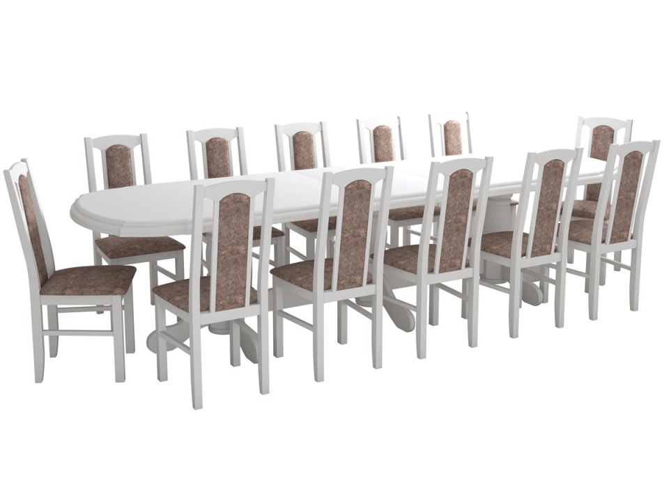 Set masa extensibila jork 250-300x100 cm, lemn masiv alb, cu 12 scaune tapitate stofa maro, s-37 B25B - 2 | YEO