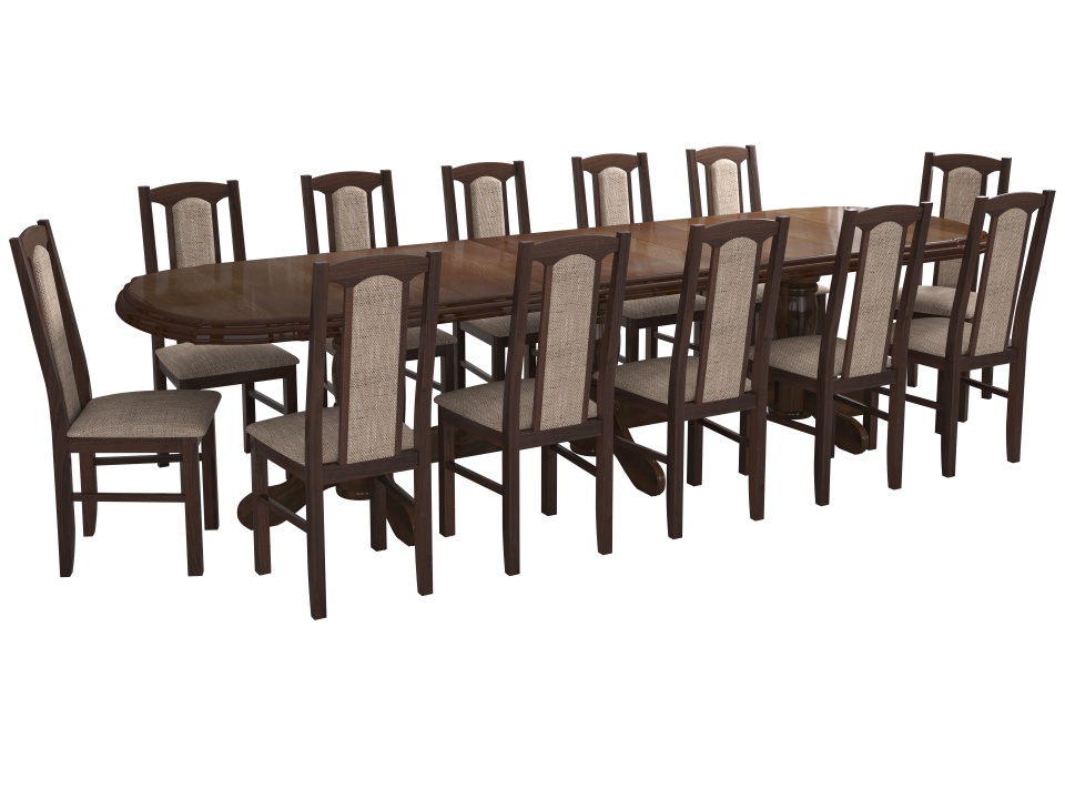 Set masa extensibila jork 250-300x100 cm, lemn masiv nuc, cu 12 scaune tapitate stofa maro, s-37 O2 - 1 | YEO