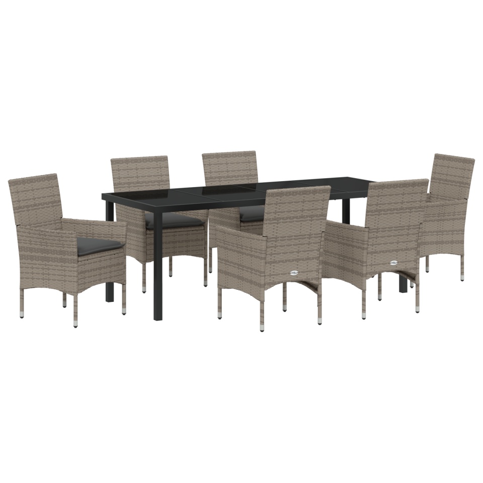 Set Masă Grădină 7 Piese cu Perne Gri Poliratan, Masă Grădină Neagră 200x80x73 cm Sticlă Securizată - 1 | YEO
