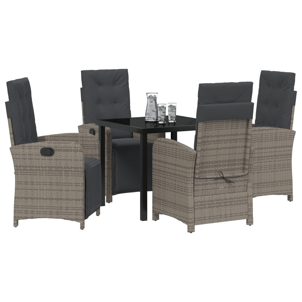 Set mese grădină 5 piese cu perne gri din ratan poliester, Masă grădină neagră 80x80x73 cm din sticlă securizată. - 2 | YEO
