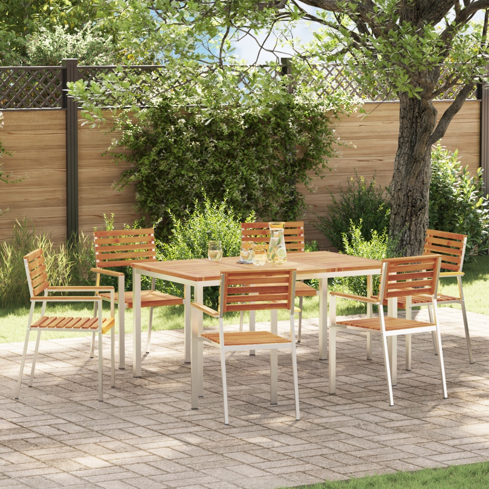 Set mese grădină 7 piese lemn masiv de acacia, Masă dining 150x90x75 cm lemn masiv de acacia, Scaune terasă stackable 2 buc lemn masiv de acacia și oțel, Scaune terasă stackable 4 buc lemn masiv de acacia și oțel
