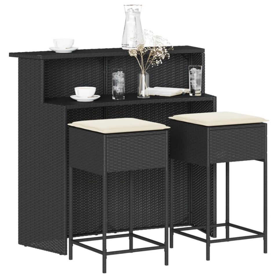 Set mobilier bar de grădină cu perne, 3 piese, negru, poliratan