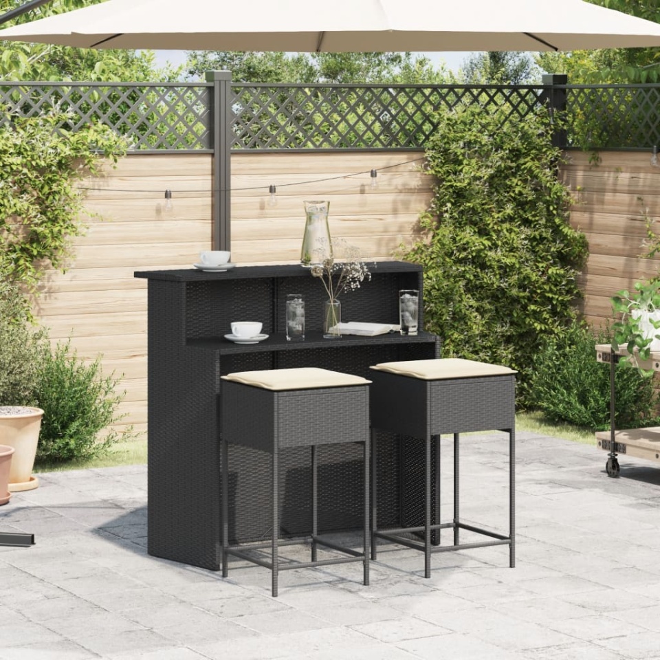 Set mobilier bar de grădină cu perne, 3 piese, negru, poliratan - 2 | YEO