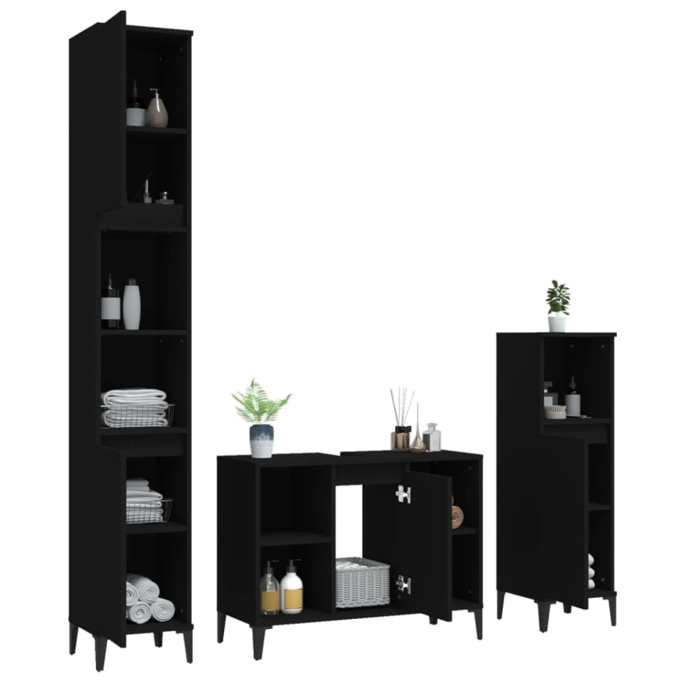 Set mobilier de baie, 3 piese, negru, lemn compozit - 2 | YEO