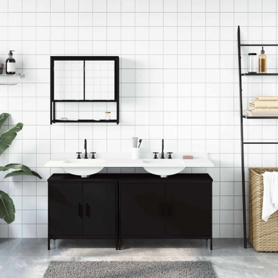 Set mobilier de baie, 3 piese, negru, lemn compozit - 2 | YEO
