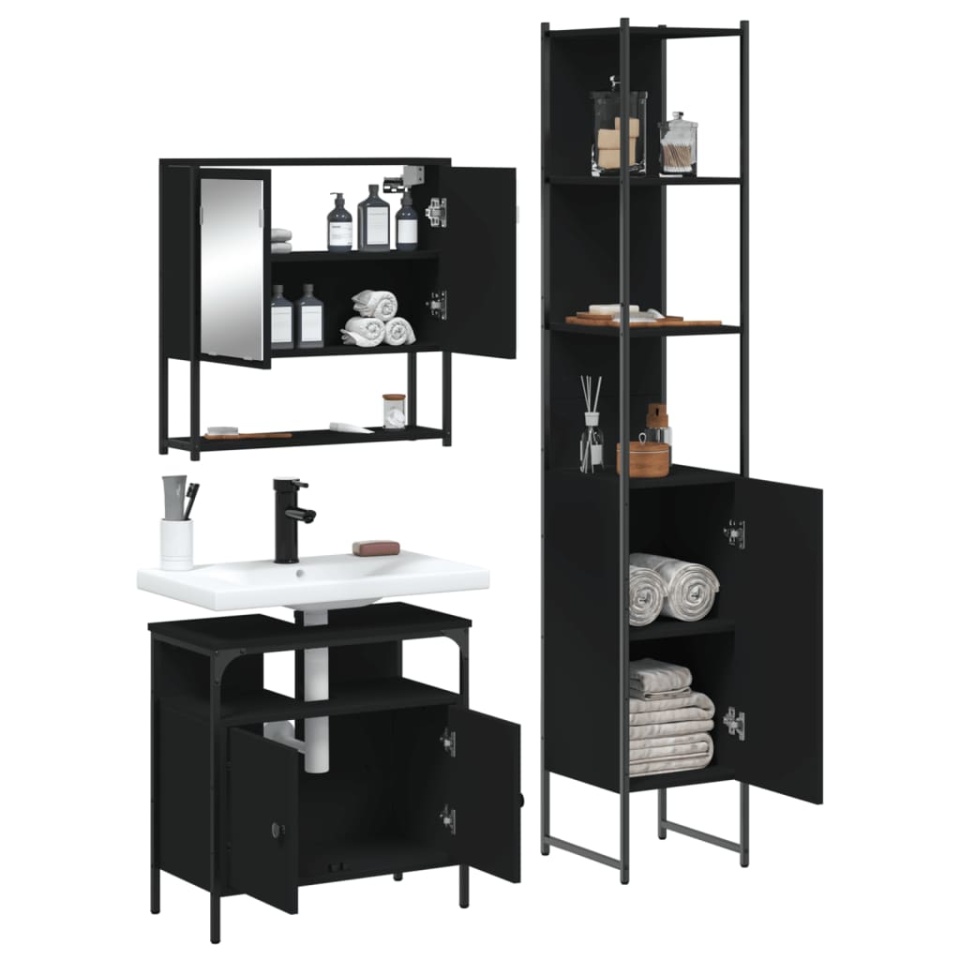 Set mobilier de baie, 3 piese, negru, lemn compozit - 3 | YEO