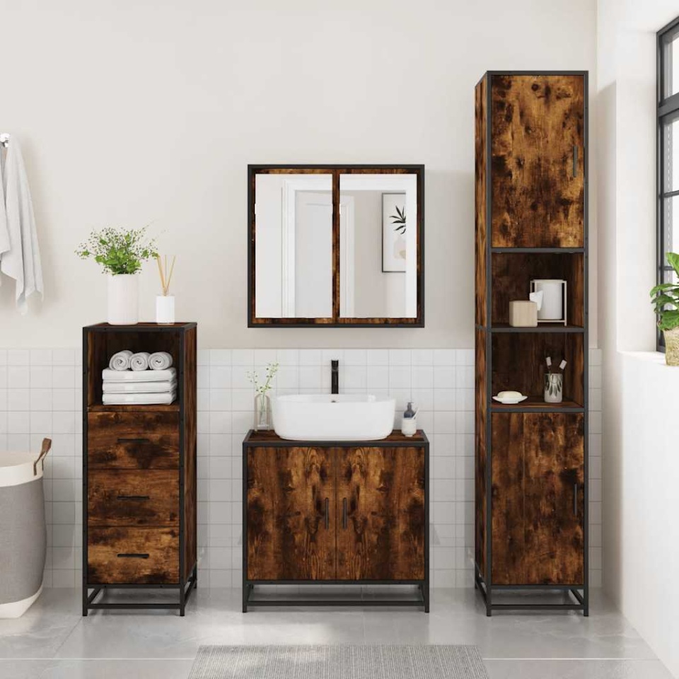 Set mobilier de baie, 3 piese, stejar fumuriu, lemn prelucrat - 2 | YEO