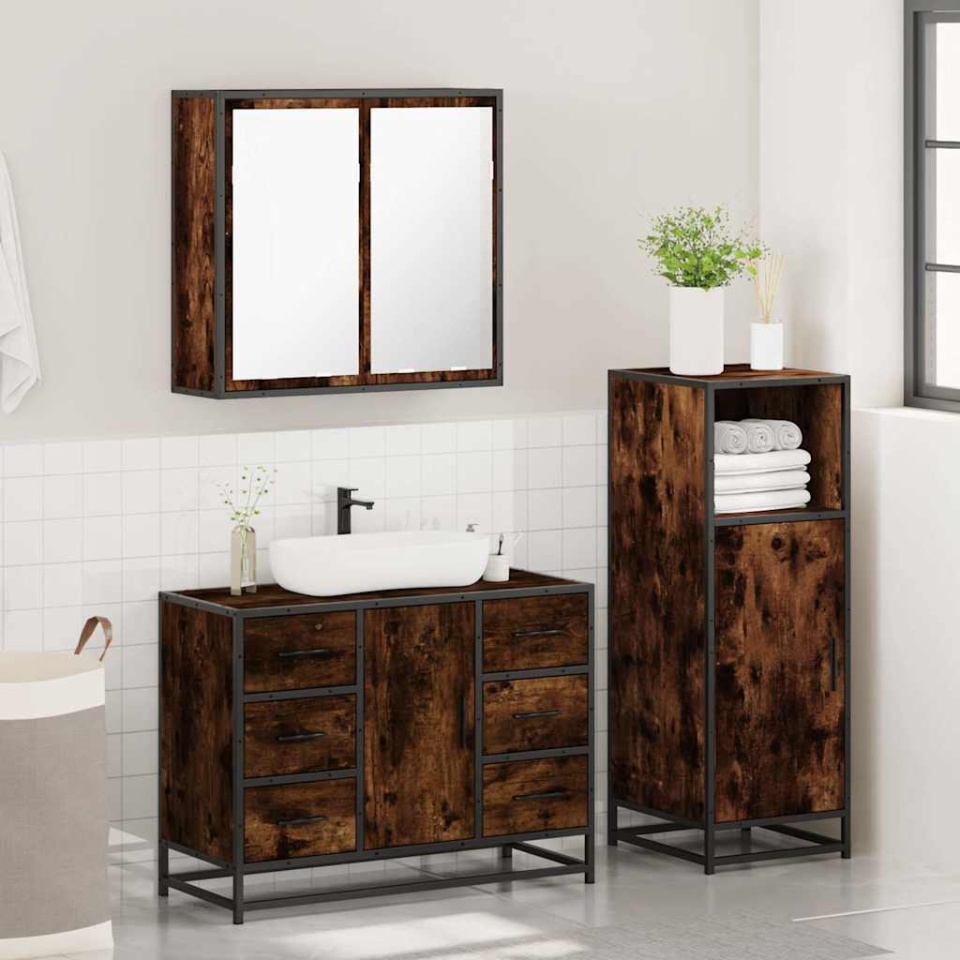 Set mobilier de baie, 3 piese, stejar fumuriu, lemn prelucrat - 3 | YEO
