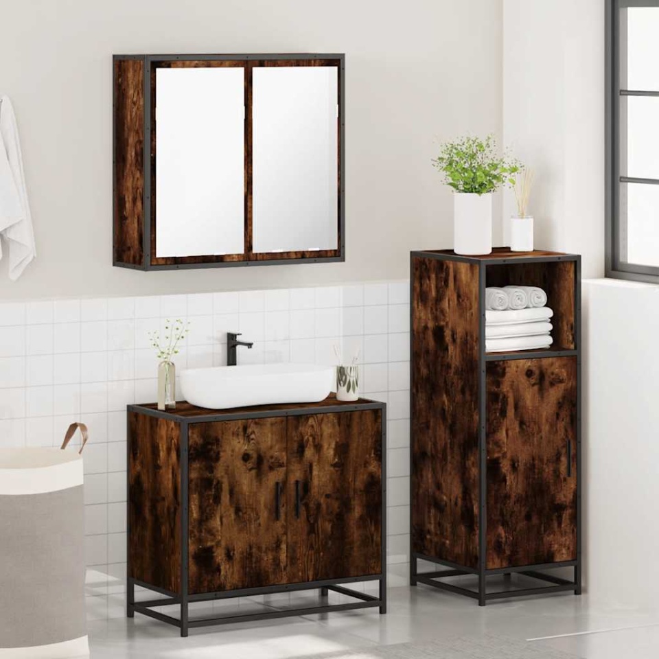 Set mobilier de baie, 3 piese, stejar fumuriu, lemn prelucrat - 3 | YEO