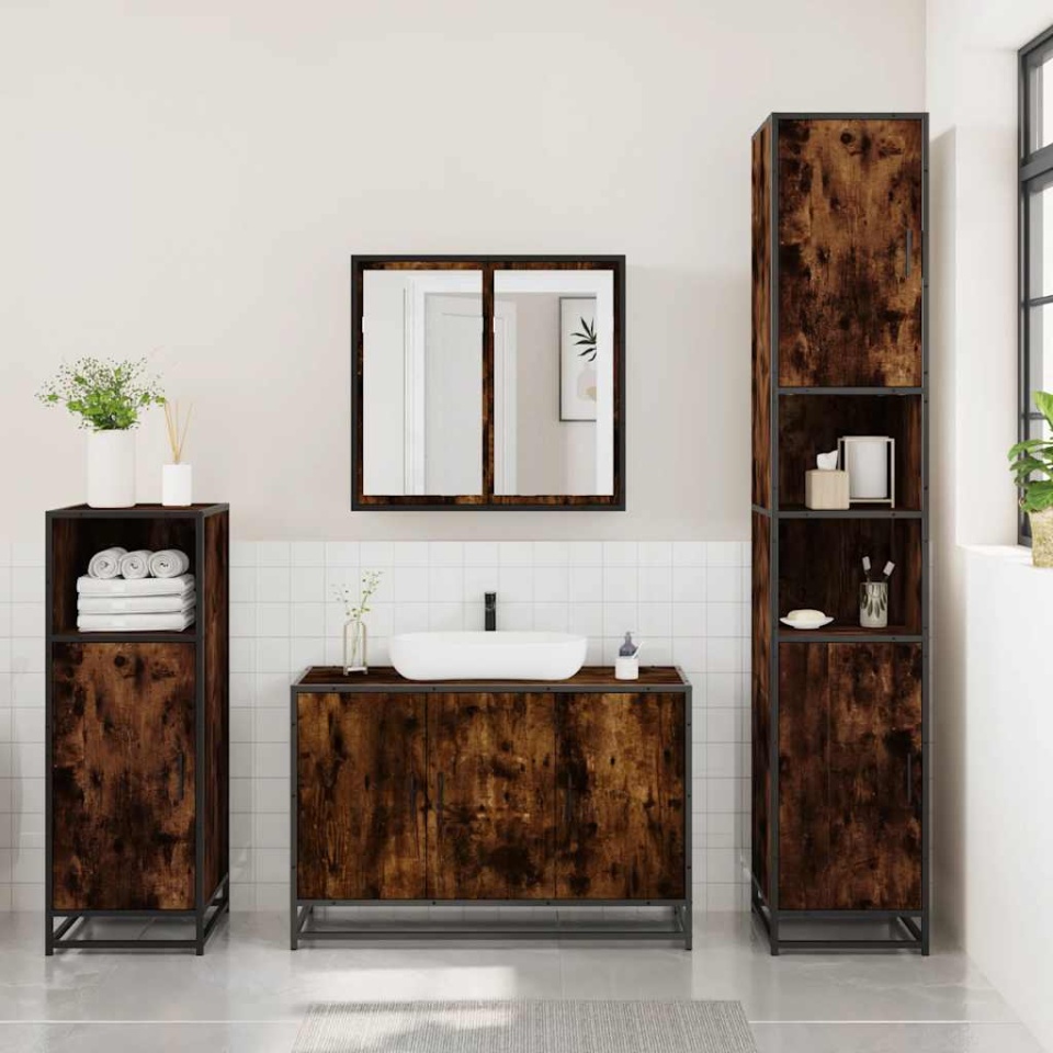 Set mobilier de baie, 3 piese, stejar fumuriu, lemn prelucrat - 2 | YEO