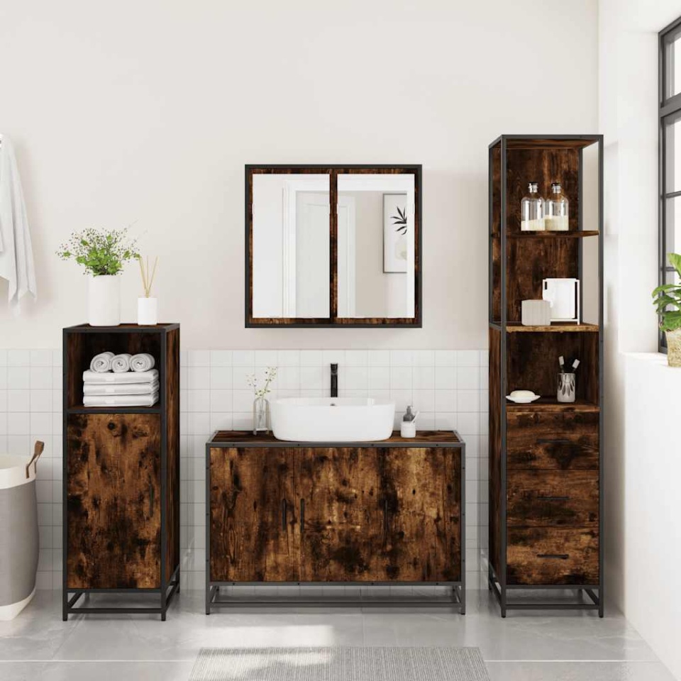 Set mobilier de baie, 3 piese, stejar fumuriu, lemn prelucrat - 3 | YEO
