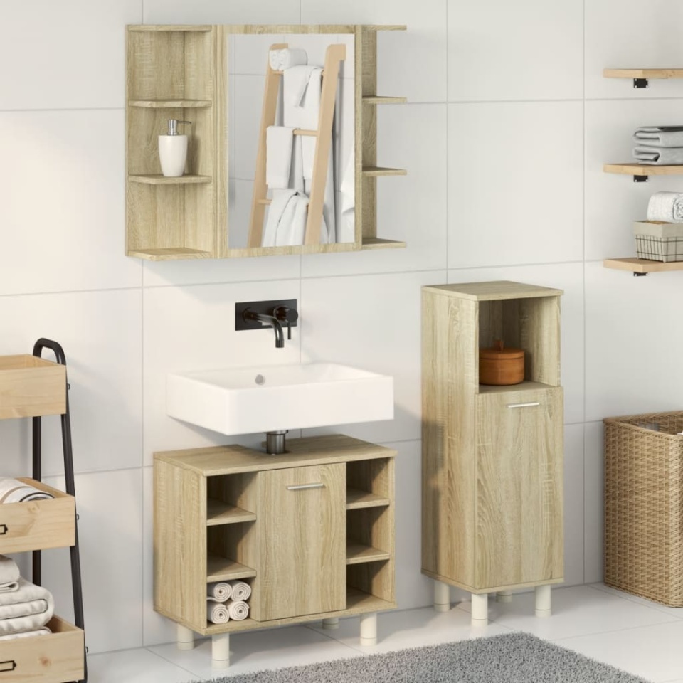 Set mobilier de baie, 3 piese, stejar sonoma, lemn prelucrat - 2 | YEO