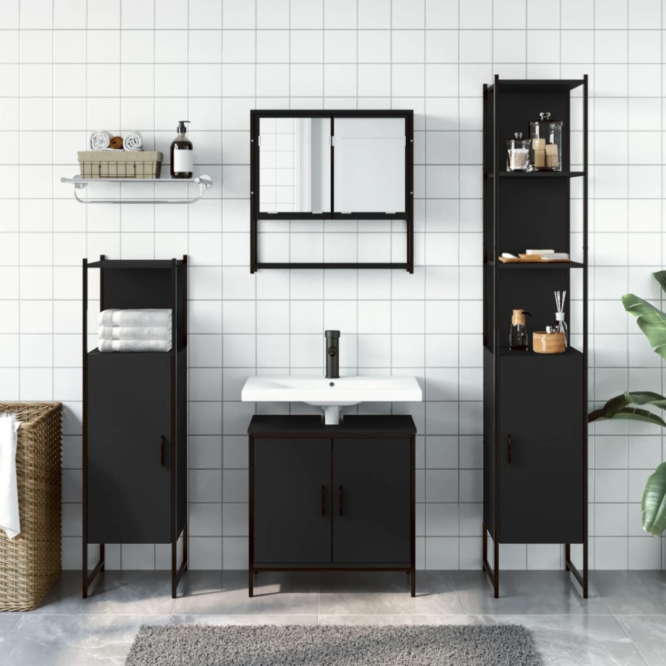 Set mobilier de baie, 4 piese, negru, lemn prelucrat - 2 | YEO
