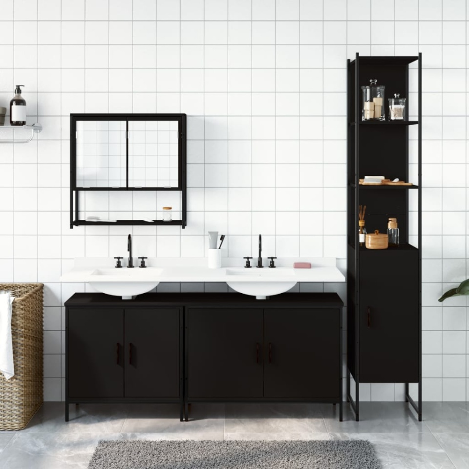 Set mobilier de baie, 4 piese, negru, lemn prelucrat - 2 | YEO