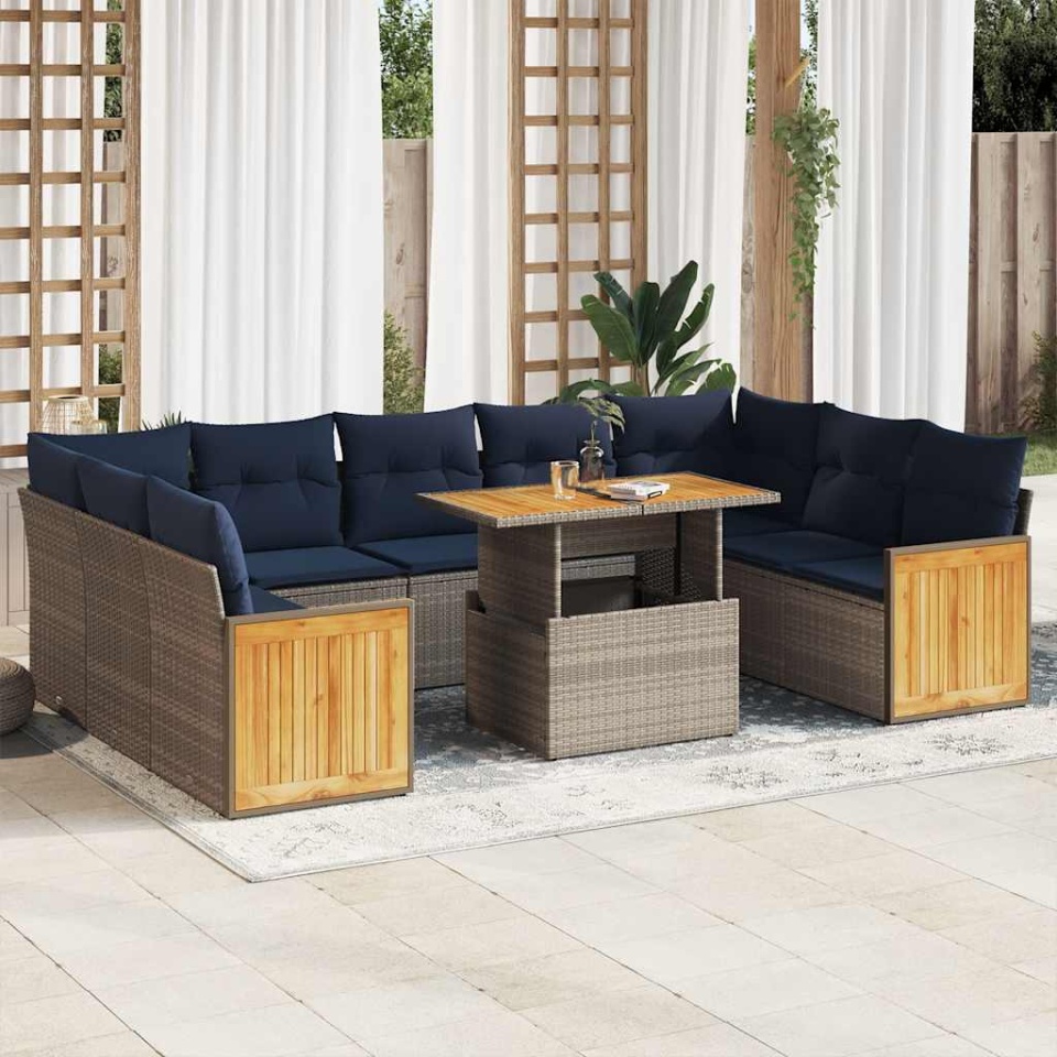 Set mobilier de grădină cu perne, 10 piese, gri, poliratan