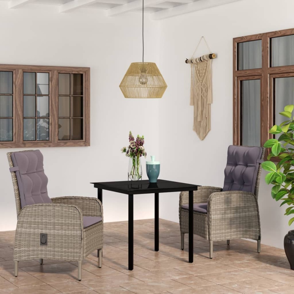 Set mobilier de grădină, cu perne, 3 piese, gri și negru