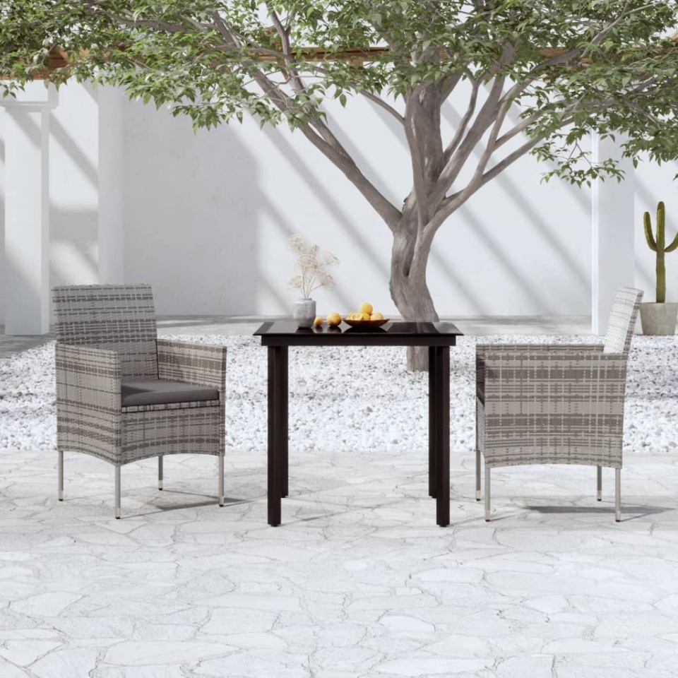 Set mobilier de grădină, cu perne, 3 piese, gri și negru
