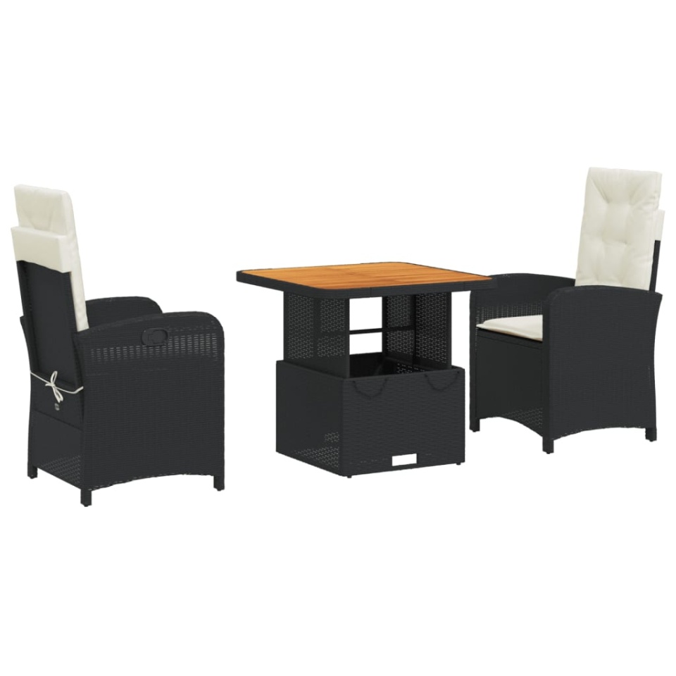 Set mobilier de grădină cu perne, 3 piese, negru, poliratan - 1 | YEO