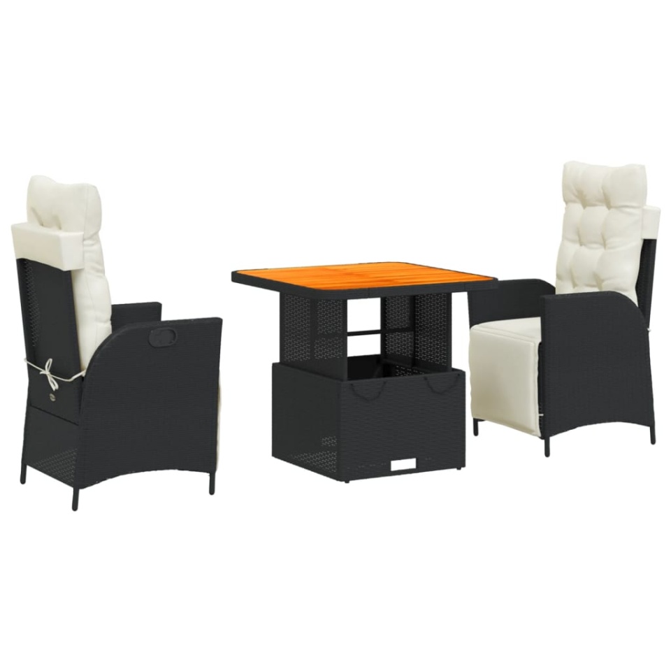 Set mobilier de grădină cu perne, 3 piese, negru, poliratan - 1 | YEO