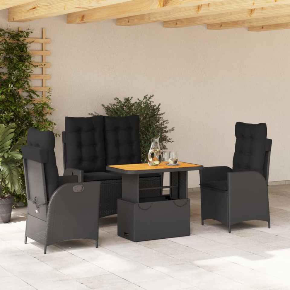 Set mobilier de grădină cu perne, 4 piese, negru, poliratan