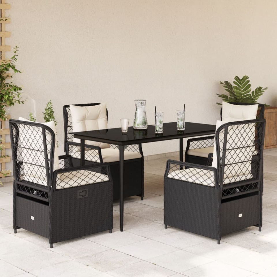 Set mobilier de grădină cu perne, 5 piese, negru, poliratan