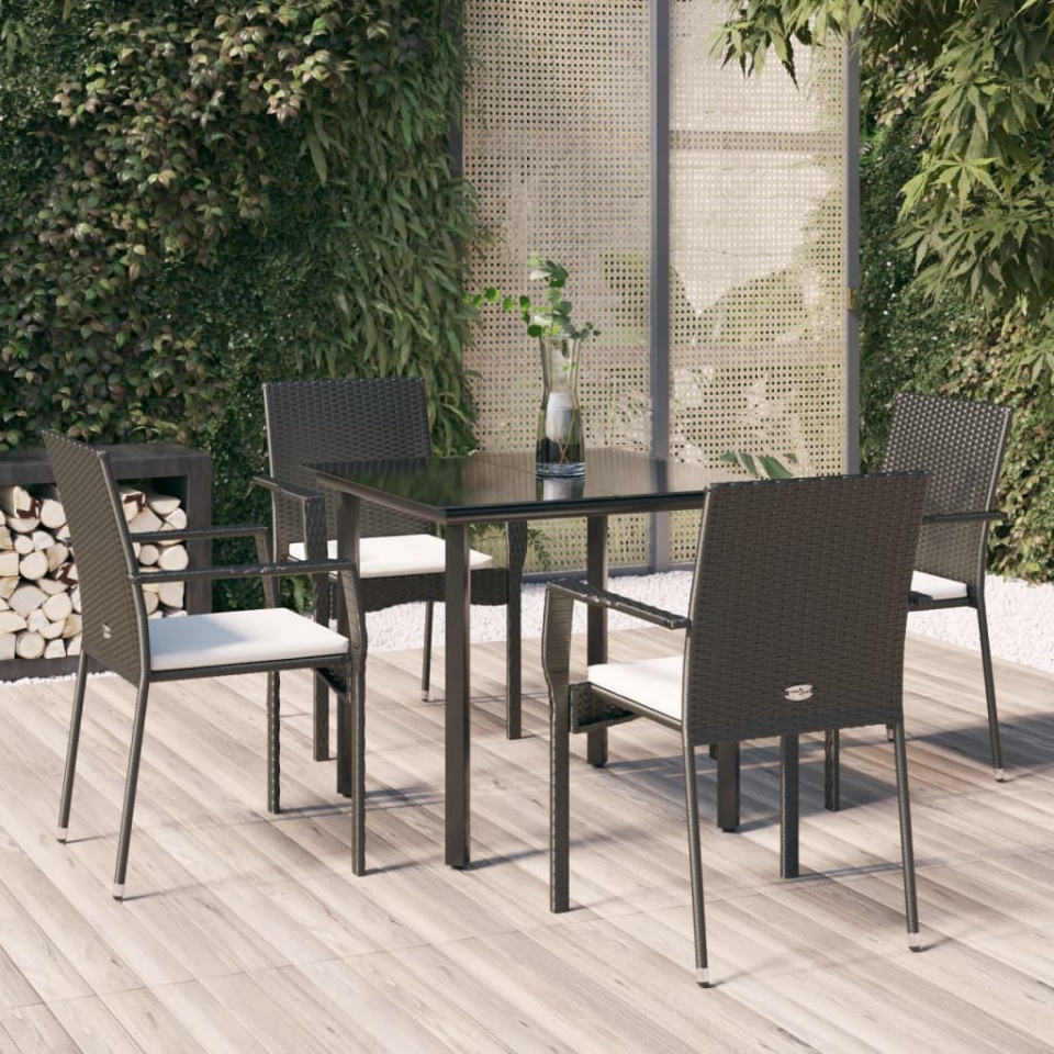 Set mobilier de grădină cu perne, 5 piese, negru, poliratan