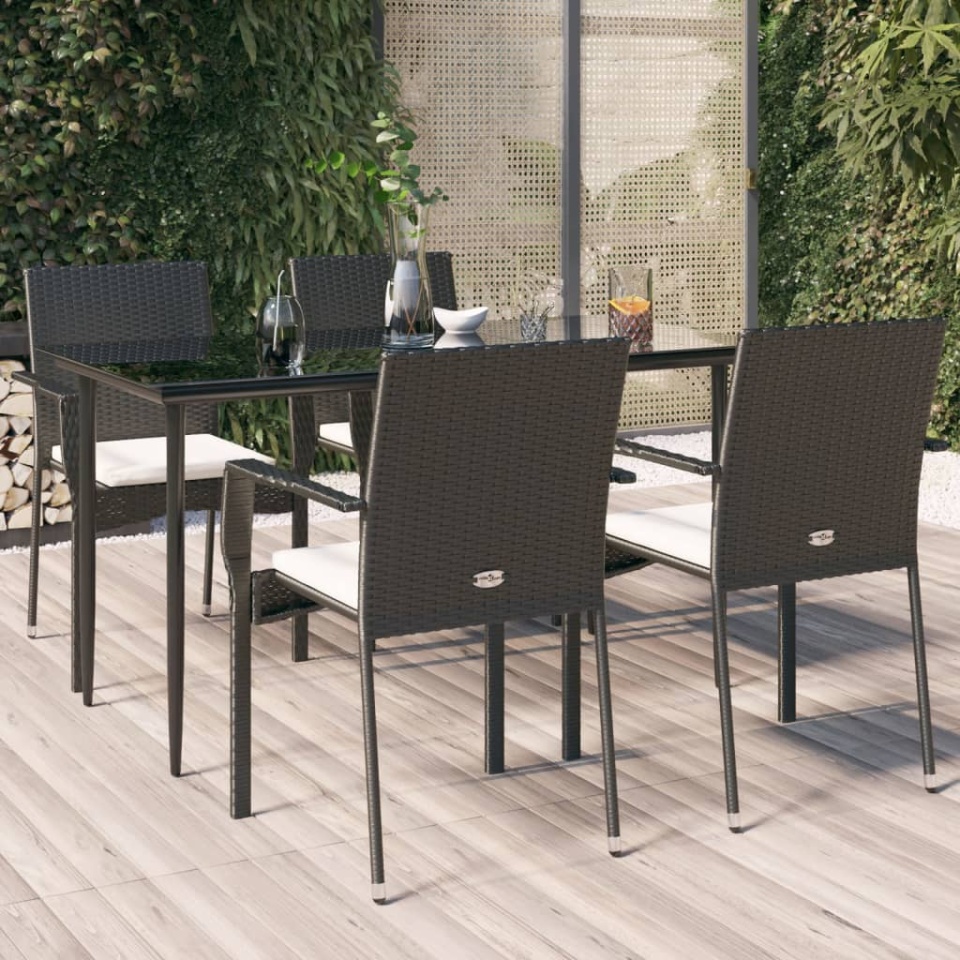 Set mobilier de grădină cu perne, 5 piese, negru, poliratan