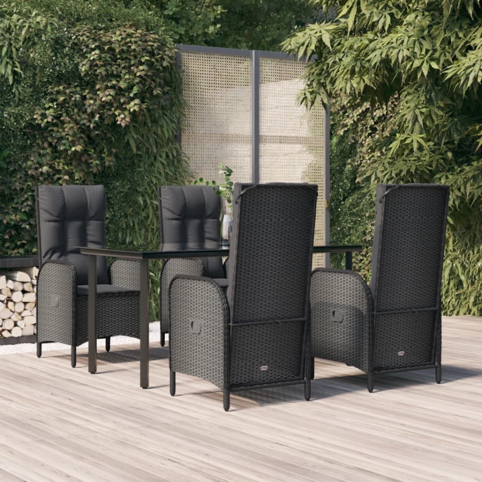 Set mobilier de grădină cu perne, 5 piese, negru, poliratan
