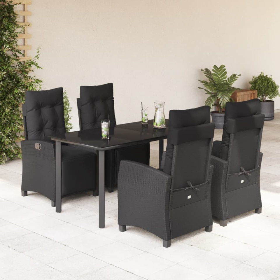 Set mobilier de grădină cu perne, 5 piese, negru, poliratan