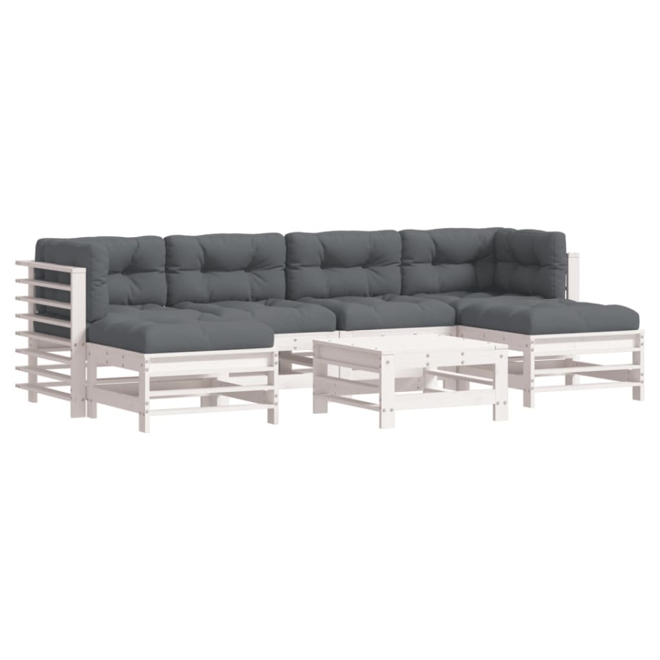 Set mobilier de grădină cu perne, 7 piese, alb, lemn masiv - 1 | YEO