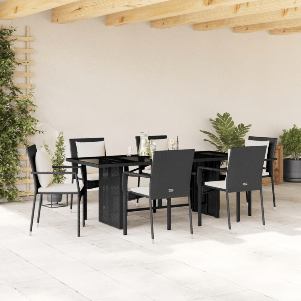 Set mobilier de grădină cu perne, 7 piese, negru, poliratan