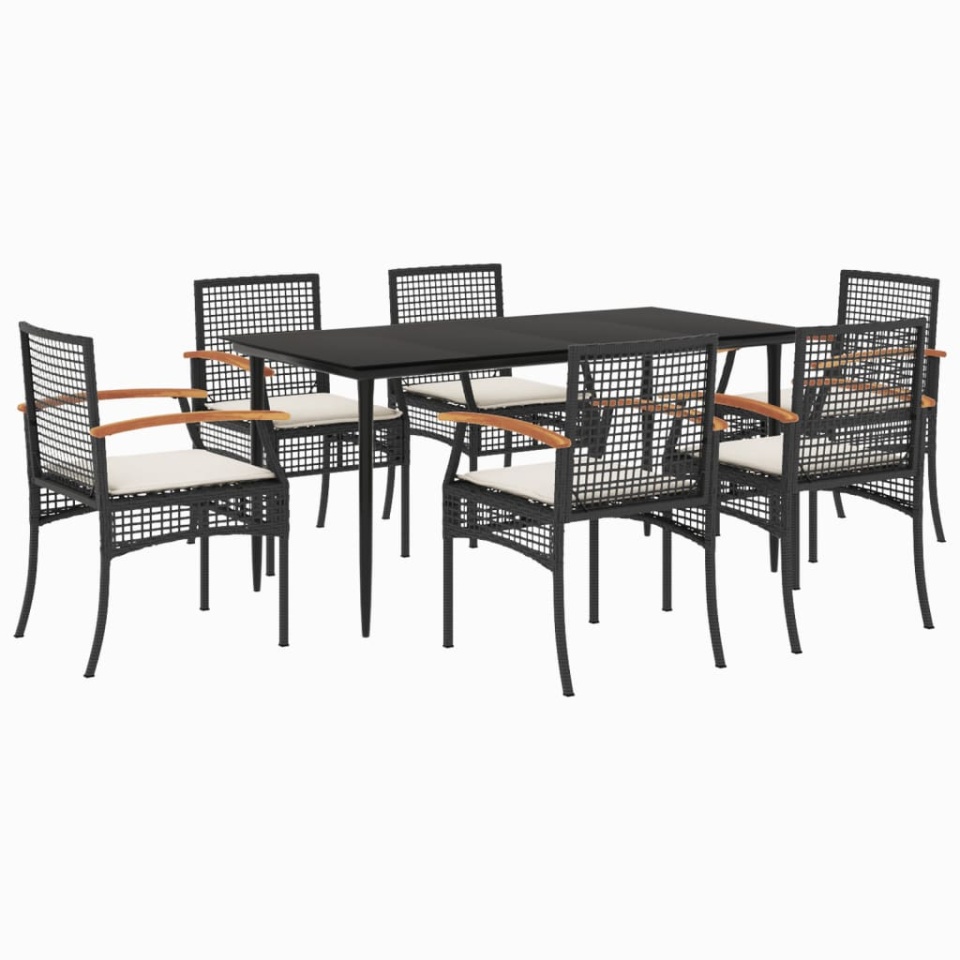 Set mobilier de grădină cu perne, 7 piese, negru, poliratan - 1 | YEO