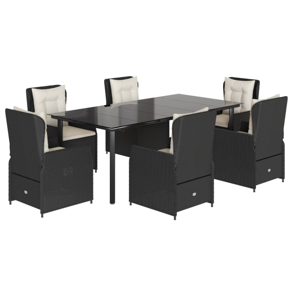Set mobilier de grădină cu perne, 7 piese, negru, poliratan - 1 | YEO