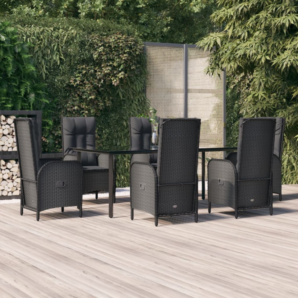 Set mobilier de grădină cu perne, 7 piese, negru, poliratan