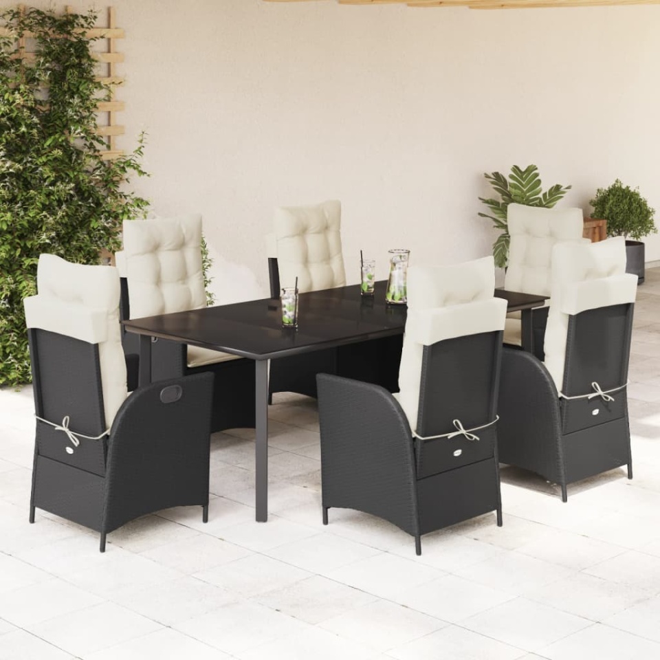 Set mobilier de grădină cu perne, 7 piese, negru, poliratan