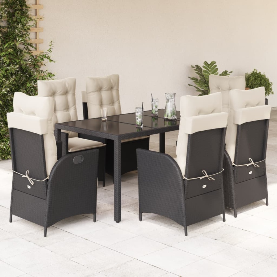 Set mobilier de grădină cu perne, 7 piese, negru, poliratan