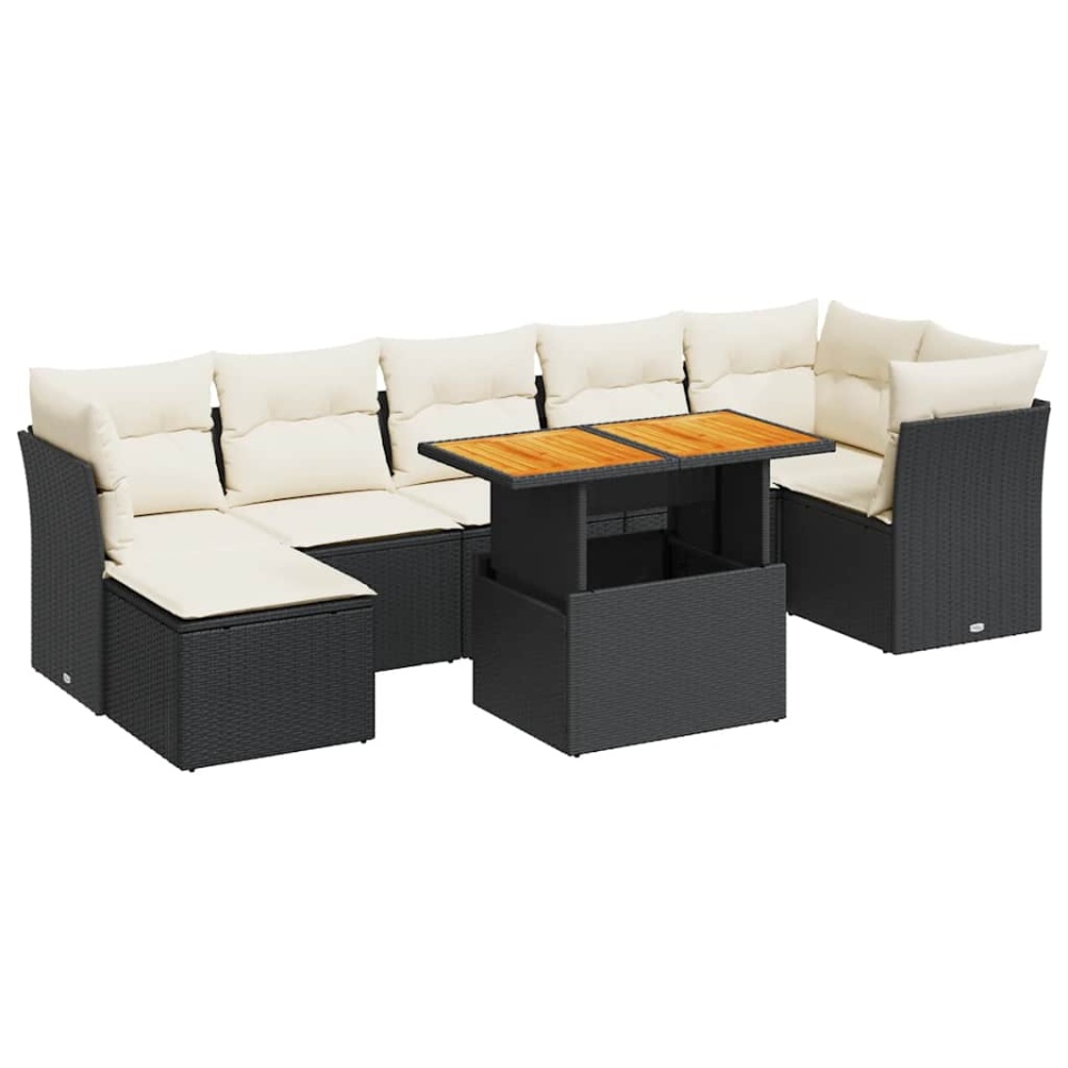 Set mobilier de grădină cu perne, 8 piese, negru, poliratan - 1 | YEO