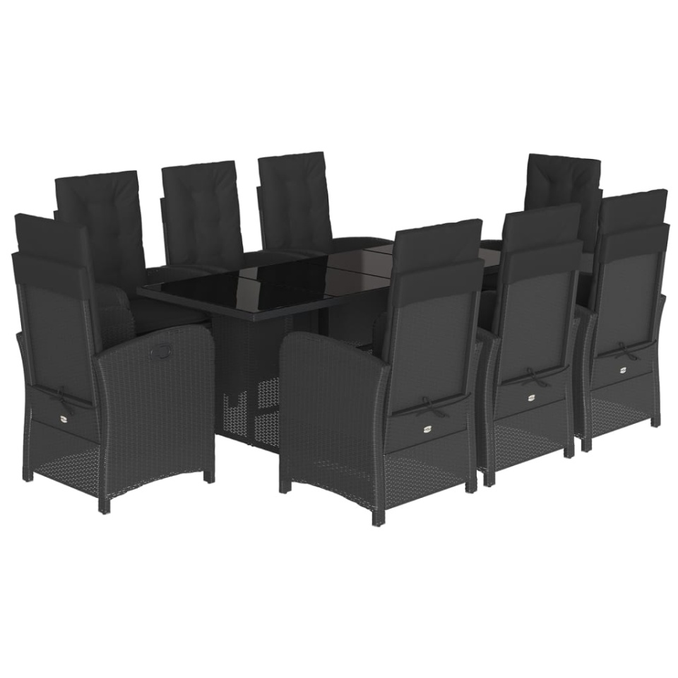Set mobilier de grădină cu perne, 9 piese, negru, poliratan - 1 | YEO