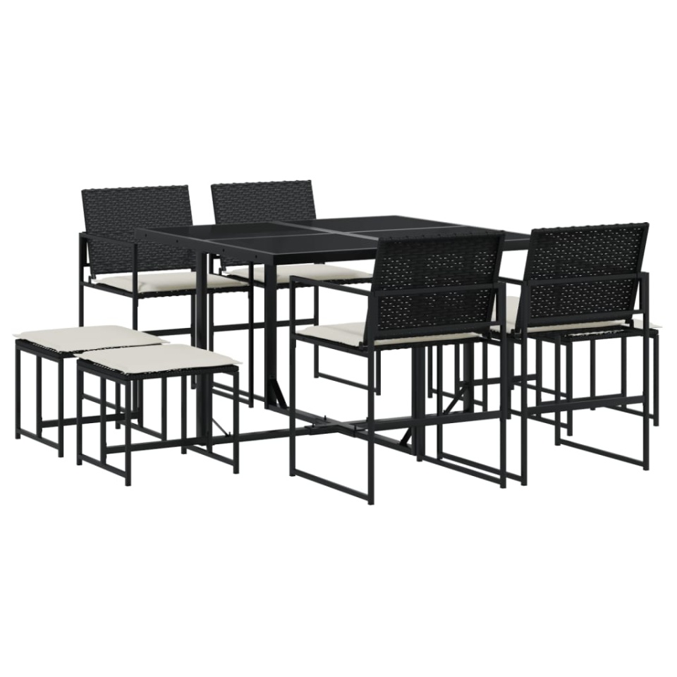 Set mobilier de grădină cu perne, 9 piese, negru, poliratan - 1 | YEO