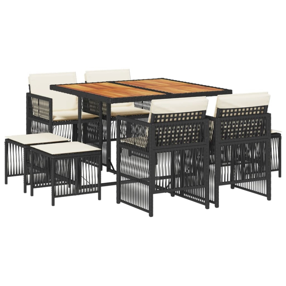 Set mobilier de grădină cu perne, 9 piese, negru, poliratan - 1 | YEO