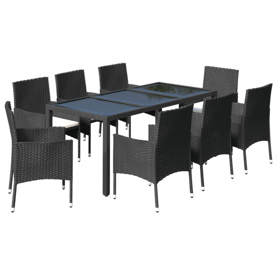 Set mobilier de grădină cu perne, 9 piese, negru, poliratan - 2 | YEO