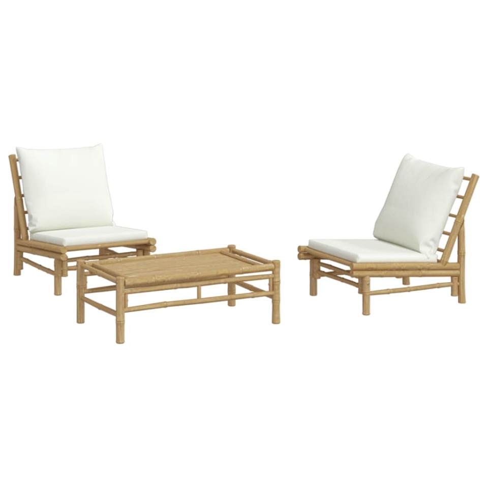 Set mobilier de grădină, cu perne alb crem, 3 piese, bambus - 2 | YEO