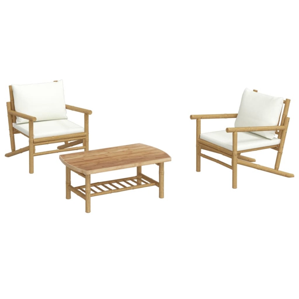 Set mobilier de grădină, cu perne alb crem, 3 piese, bambus - 2 | YEO