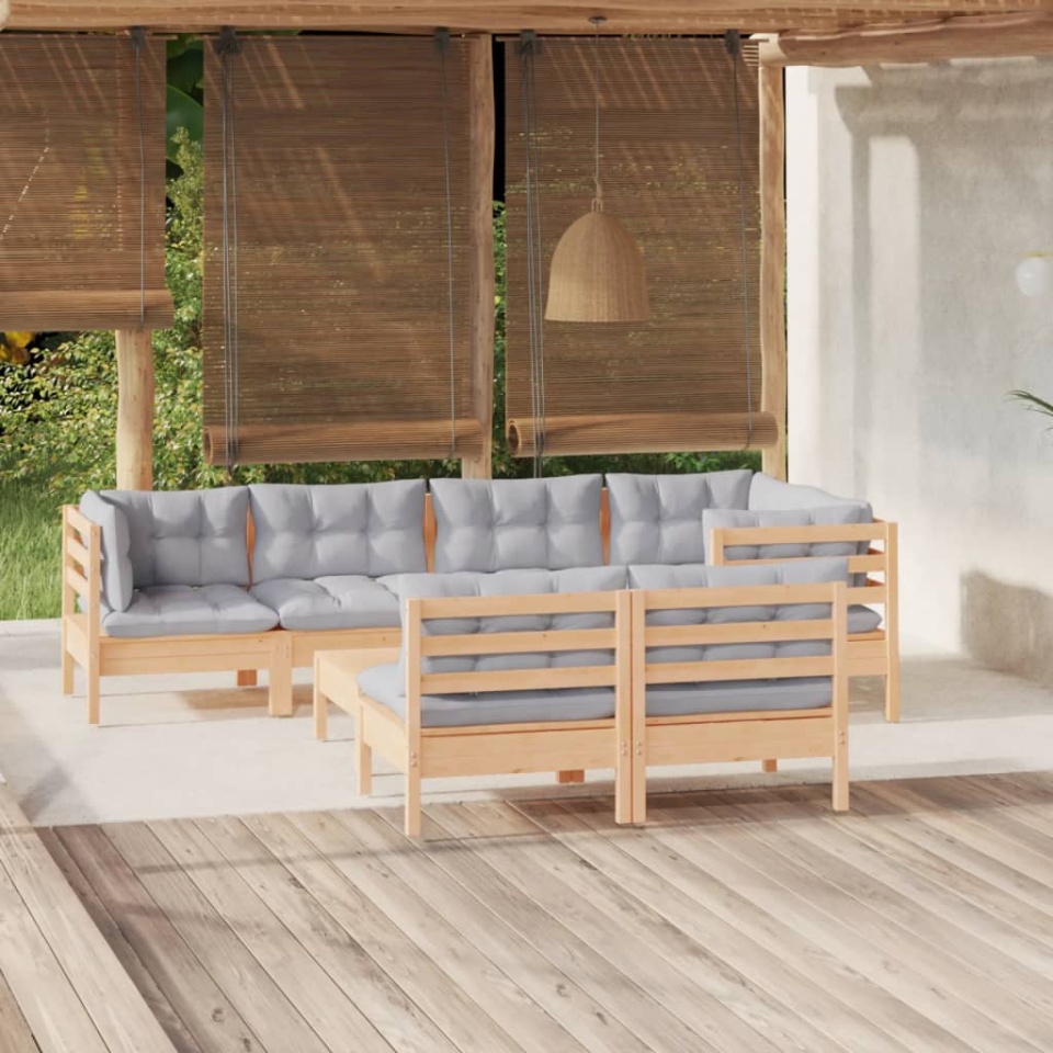 Set mobilier de grădină cu perne gri, 8 piese, lemn masiv pin