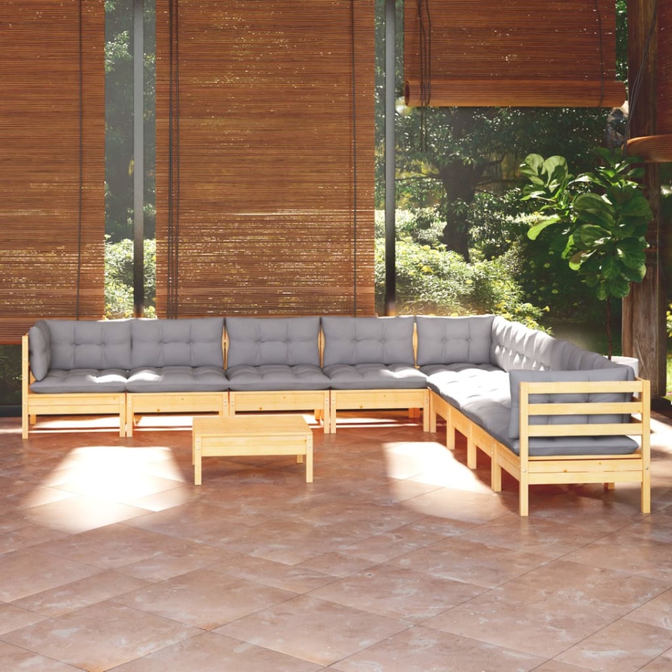Set mobilier grădină cu perne, 10 piese, gri, lemn masiv pin