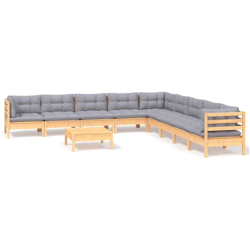 Set mobilier grădină cu perne, 10 piese, gri, lemn masiv pin - 1 | YEO
