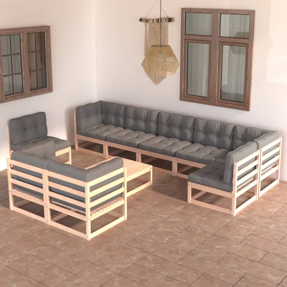 Set mobilier grădină cu perne, 10 piese, lemn masiv de pin