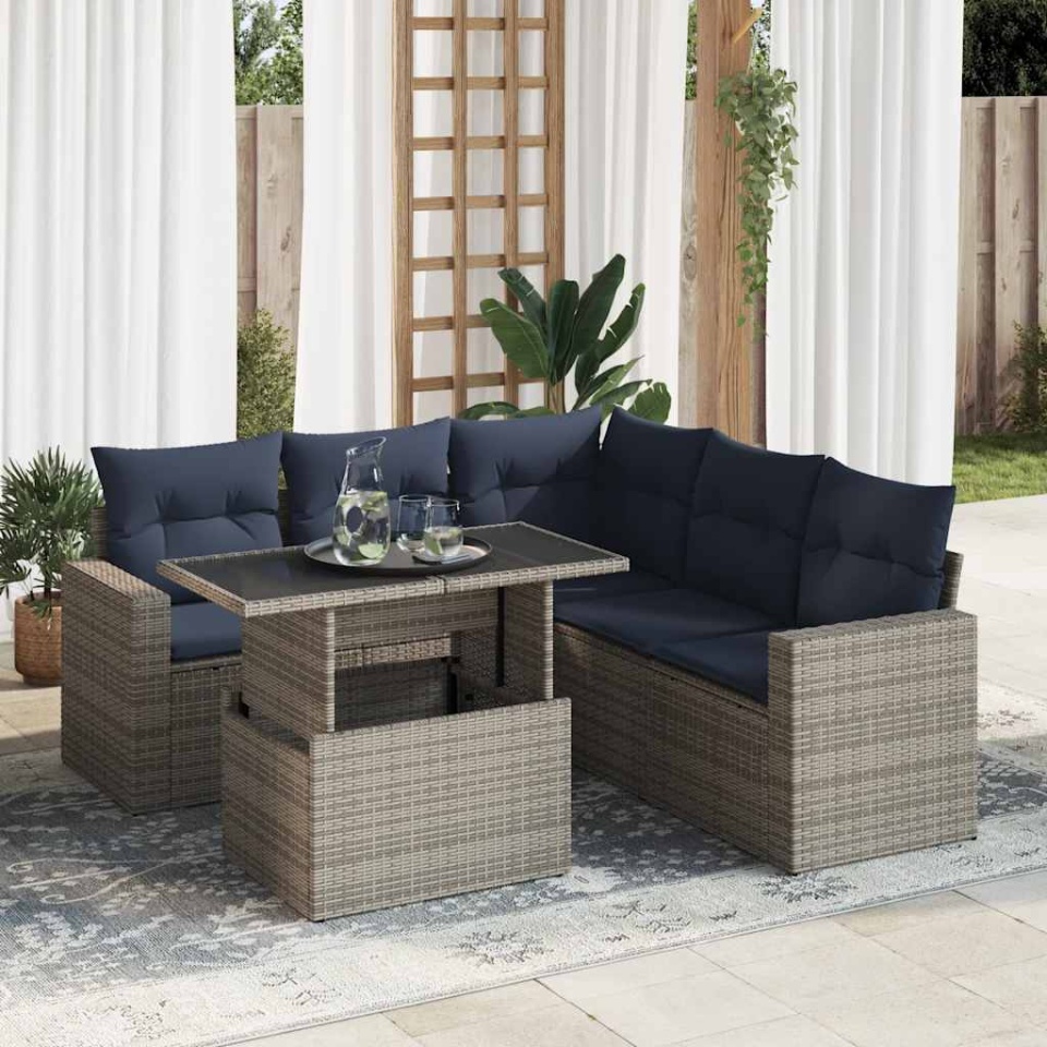 Set mobilier grădină cu perne 6 piese gri poliratan/lemn acacia
